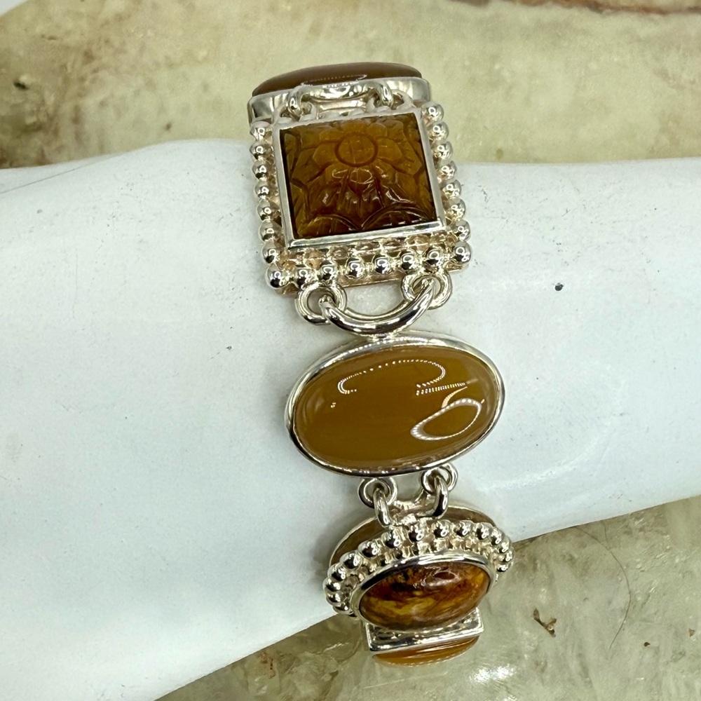 Whitney Kelly Sterling Silver Tiger’s Eye Jasper MOP Link Toggle Bracelet 7” - Picture 10 of 17